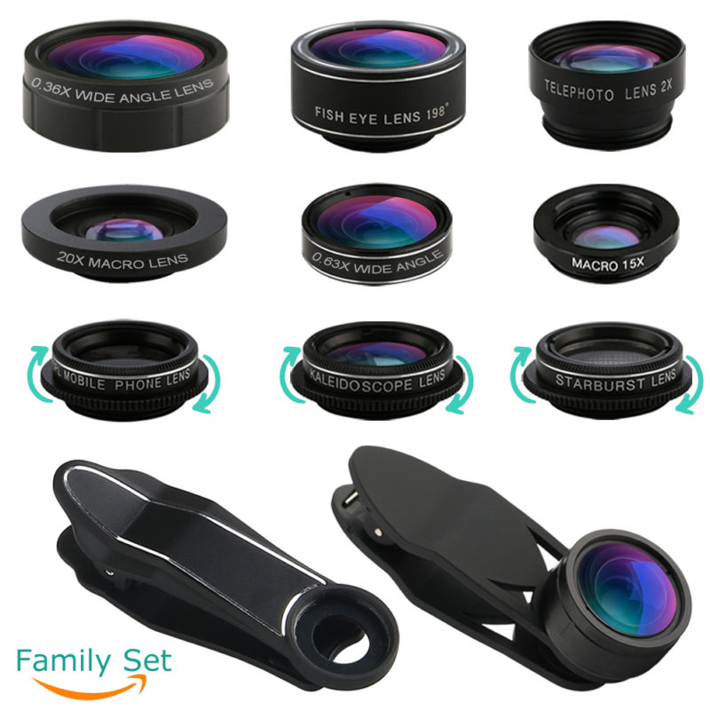 iPhone Lens, Cell Phone Lens Kit-Super Wide Angle Lens, Super Macro Lens, Fisheye Lens, Starburst Lens, CPL Lens, Kaleidoscope Lens, Telephoto Lens, Wide Angle Lens, Macro Lens, 11 in 1 Camera Lens